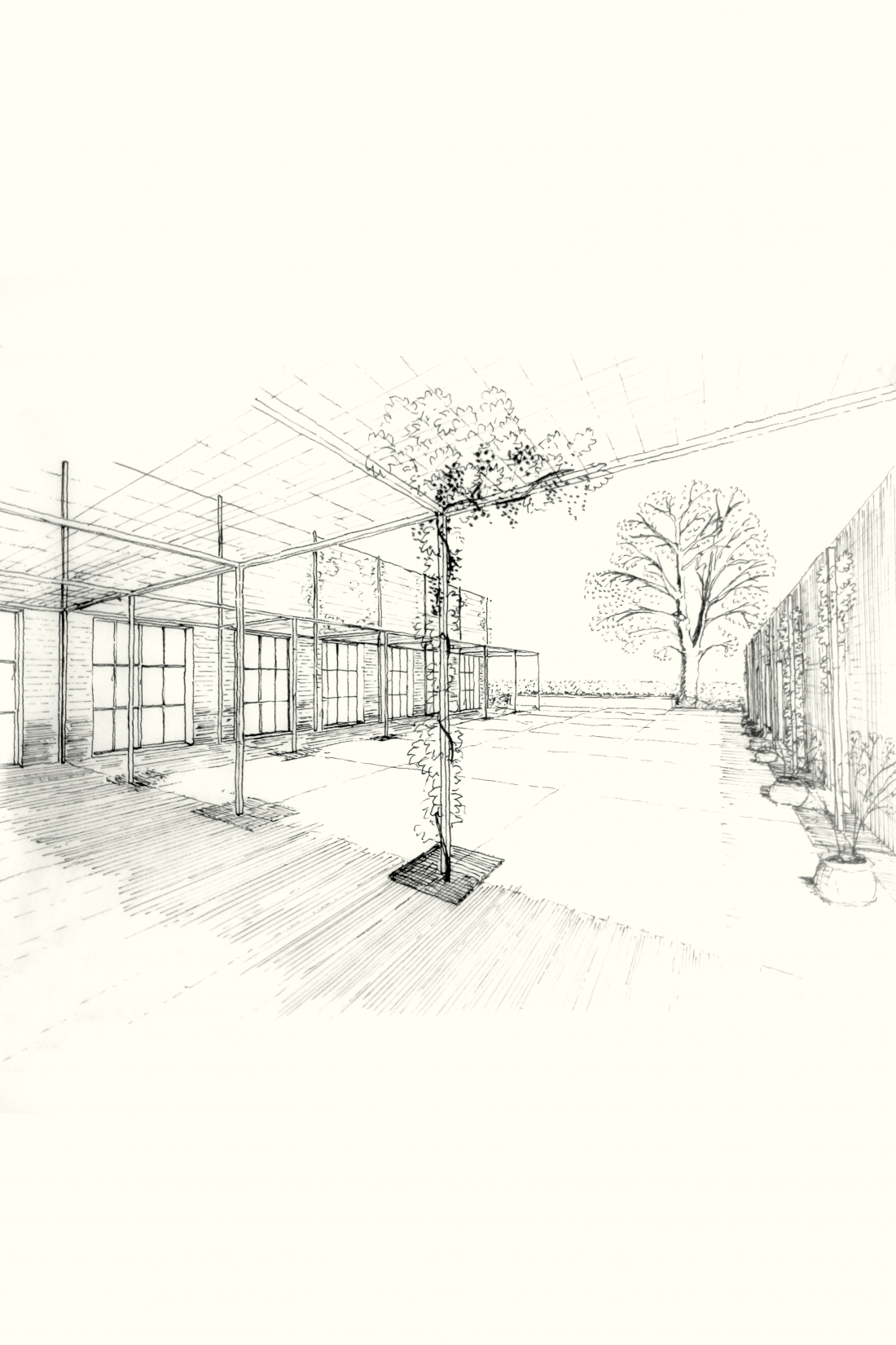 Perspektivische Architekturzeichnung zeigt die Idee des gefassten Hofes, der sich zum Garten hin öffnet.