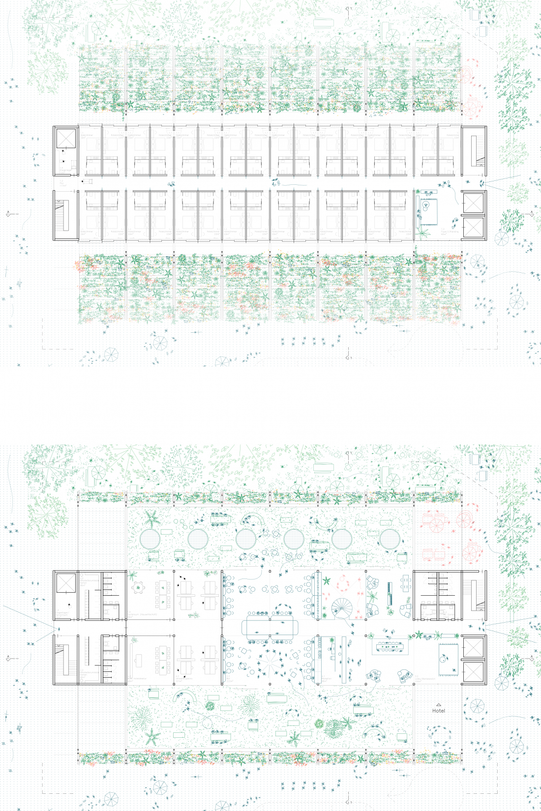 Grundrisse Hotelzimmer und Hotellobby - Hotelneubau am Aqualand - Aretz Dürr Architektur Köln
