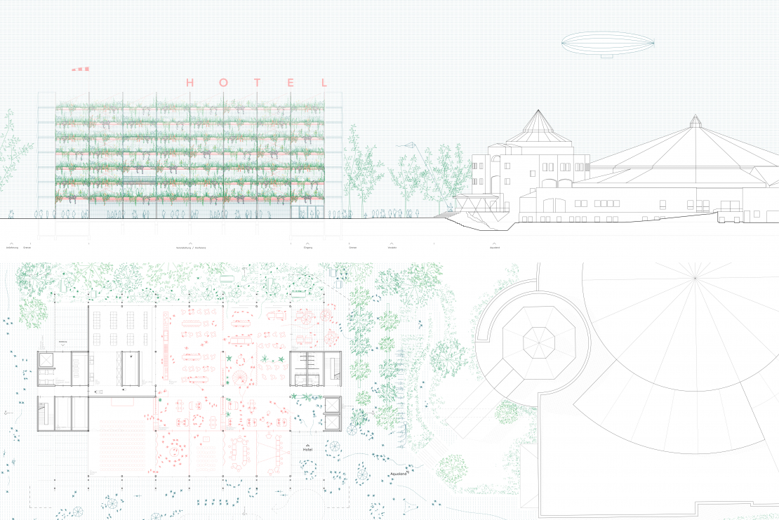 Grundriss und Ansicht - Hotelneubau am Aqualand - Aretz Dürr Architektur Köln